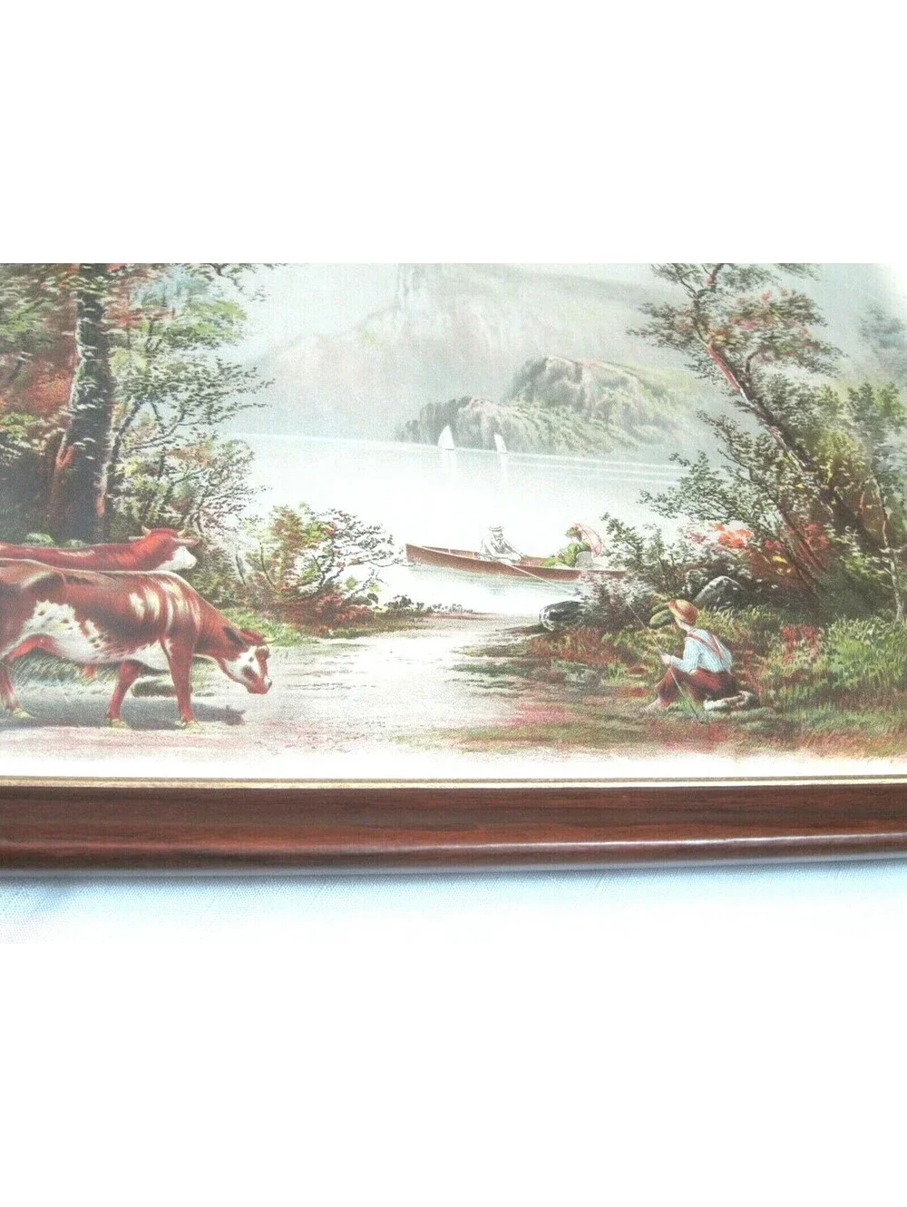Antique RAYMOND Litho Art Print Country Lake Mountain Cattle Boat 22x18 Framed